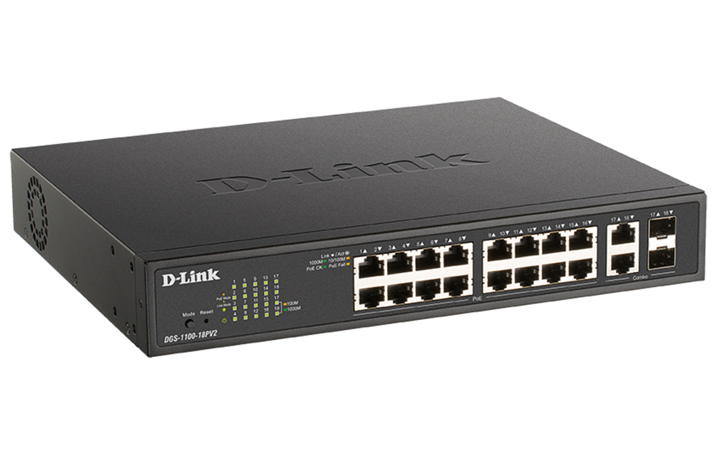 D-Link DGS-1100-18PV2 network switch Managed L2 Gigabit Ethernet (10/100/1000) Power over Ethernet (PoE) 1U Black