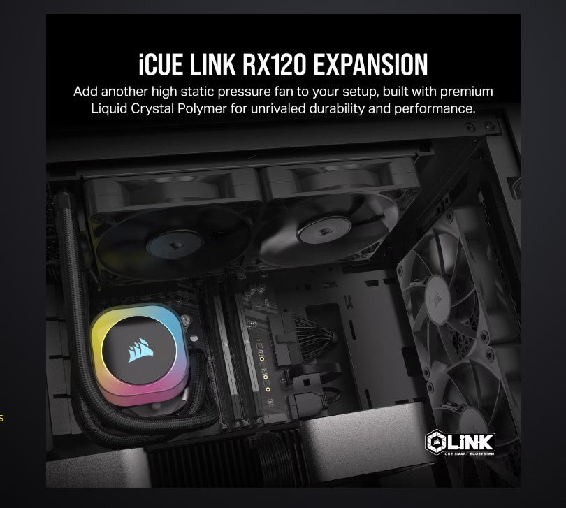 Gaming DesktopCorsair RX120  iCUE LINK  120mm PWM Single Fan Expansion. Black Fan - Glass fiber-reinforced LCP fan blades