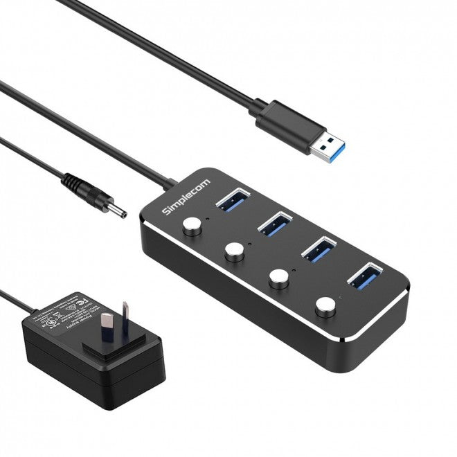 Gaming DesktopSimplecom CH345PS Aluminium 4-Port USB 3.0 Hub with Individual Switches and Power Adapter