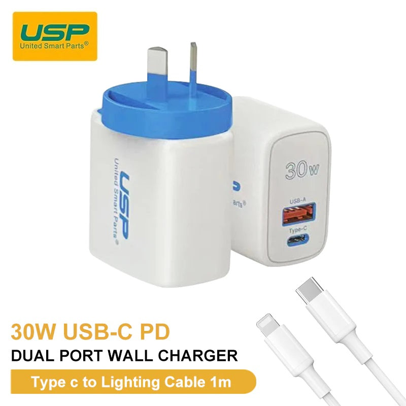Gaming DesktopUSP 30W Dual Ports (USB-C PD + USB-A QC3.0) Fast Wall Charger + Lightning Cable (1M) -Safe Charge