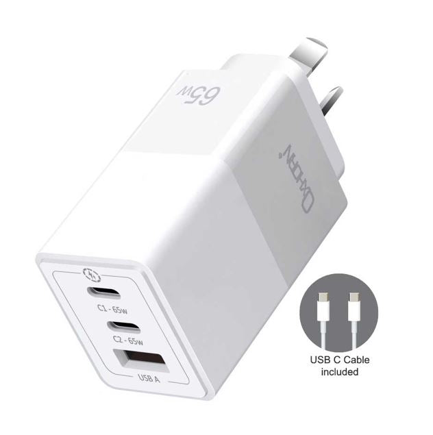 Gaming DesktopOxhorn 65W GaN Type C fast Charger 3 Port 2xUSB-C 1xUSB-A PD3.0 QC4.0 PPS AUS Approved C-tick White with cable