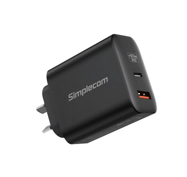 Gaming DesktopSimplecom CU265 Dual Port PD 65W GaN Fast Wall Charger USB-C + USB-A for Phone Laptop